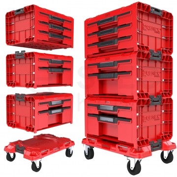 Zestaw skrzynek modułowych na kółkach 4w1: Pro Drawer 3 Toolbox Expert x1 + Pro Drawer 2 Toolbox Expert x2 + platforma transportowa Pro Drawer Workshop Set Qbrick System SET 3