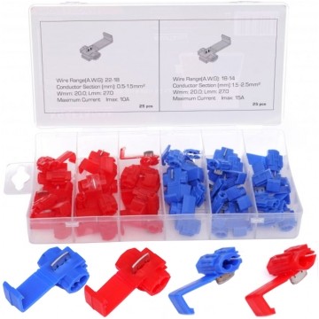 Zestaw szybkozłączek odgałęźnych typ B (1,5-2,5mm2) niebieska + typ R (0,5-1,5mm2) czerwona Kraft&Dele 50szt w pudełku