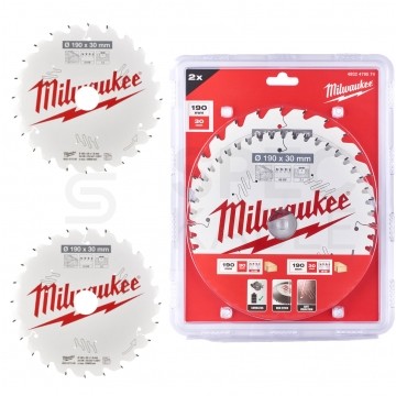 Zestaw tarcz do drewna 190 x 30 mm 2 szt. 24 + 48 zębów TWIN PACK do ręcznych pił tarczowych MILWAUKEE