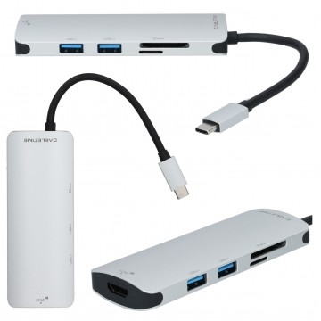 Adapter USB C (m)-> HDMI(ż) 4K + 2x USB A(ż) 3.0 + USB C (ż) + czytnik kart SD/TF i Micro SD 15cm AUDA