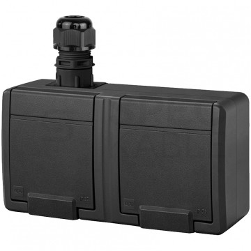 Gniazdo zasilające podwójne natynkowe hermetyczne IP65 antracytowe z klapką 2x [2P+Z] 16A Aquant 2K