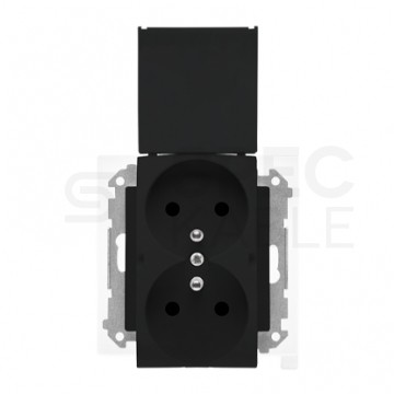 Gniazdo zasilające podwójne SIMON 55 z klapką i uszczelką IP44 czarne matowe 2x [2P+Z] 16A z przesłonami Kontakt Simon TGZ2BMCZ.01/149