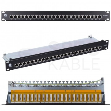 Patch panel RACK 19" kat.6A 24p FTP z półką 1U czarny NEKU