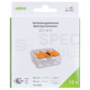 WAGO COMPACT 221-413 Szybkozłączka 3x 0,2-4,0mm2 uniwersalna (na drut / na linkę) 450V/32A ORYGINALNA blister 12szt.