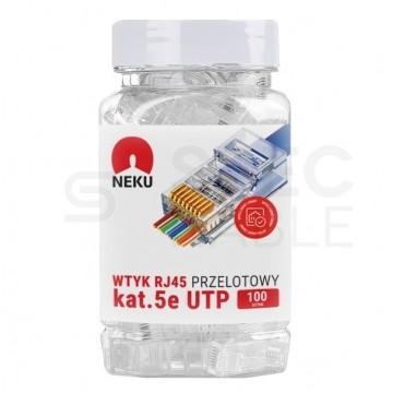 Wtyk modularny RJ45 8P8C kat.5e nieekranowany UTP uniwersalny drut linka przelotowy NEKU opakowanie SŁOIK 100szt.