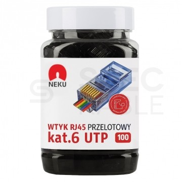 Wtyk modularny RJ45 8P8C kat.6 nieekranowany UTP uniwersalny drut linka przelotowy czarny NEKU opakowanie SŁOIK 100szt.