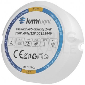 Zasilacz do puszki instalacyjnej, IP20, średnica 55mm, głębokość 22mm ,12V 2A 24W uniwersalny Lumilight