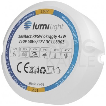 Zasilacz do puszki instalacyjnej, IP67, średnica 55mm, głębokość 22mm ,12V 3,75A 45W uniwersalny Lumilight