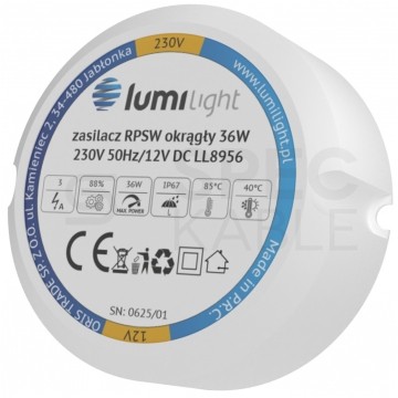 Zasilacz do puszki instalacyjnej, IP67, średnica 55mm, głębokość 22mm ,12V 3A 36W uniwersalny Lumilight
