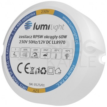 Zasilacz do puszki instalacyjnej, IP67, średnica 55mm, głębokość 22mm ,12V 5A 60W uniwersalny Lumilight