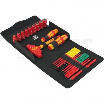 Zestaw wkrętaków i nasadek izolowanych 25 sztuk: 2xrękojeść do trzepieni: 3x płaskie PŁ + 2x krzyżowe PH + 2x PZ + 3x gwiazdkowe TX + adapter klucza nasad. 1/4" + rękość poprzeczna do nasadek: 9 nasadek 1/4" + etui 1kV VDE Kompakt Take it easy WERA