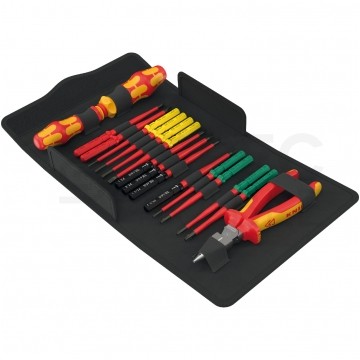 Zestaw wkrętaków izolowanych dla elektryka 24 sztuki: 2x rękojeść + 4x płaskie PŁ + 4x krzyżowe PH + 2x PZ/S + 4x gwiazdkowe TX + etui 1kV + szczypce KNIPEX 08 26 185 VDE Kompakt Take it easy WERA